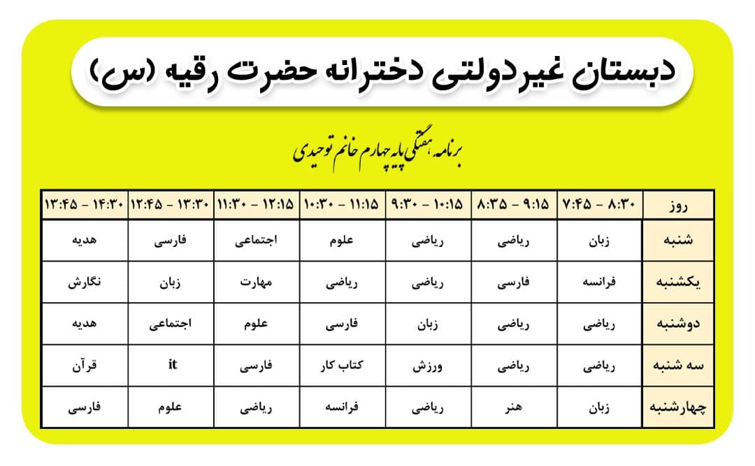 برنامه هفتگی کلاس خانم توحیدی