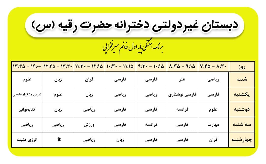 برنامه هفتگی کلاس خانم میرفخرایی