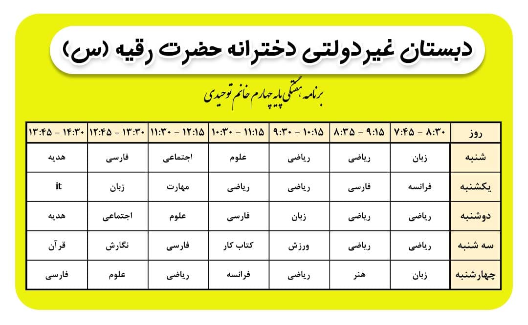 برنامه هفتگی کلاس خانم توحیدی